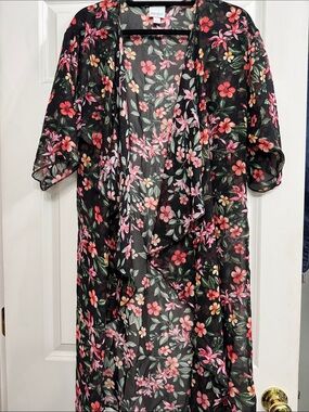 LuLaRoe Black Floral Sheer Kimono with Pink and Green Flowers